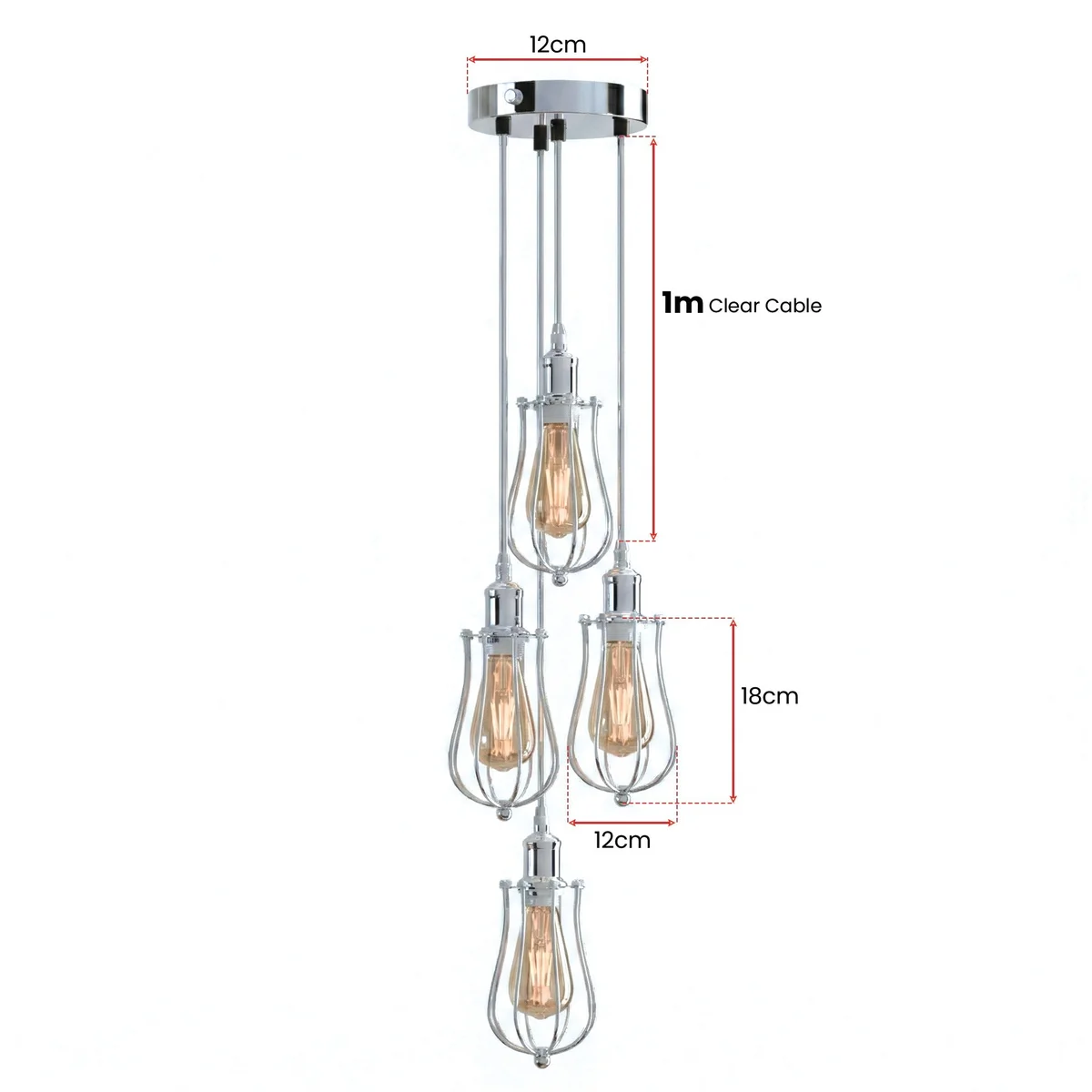Chrome 4 way pendant light with four metal cage shades and adjustable cables hanging from ceiling fixture