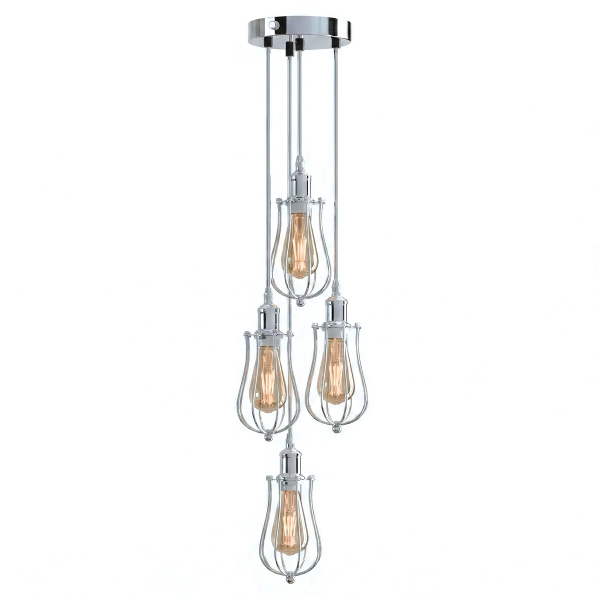 Chrome industrial pendant light with four decorative metal cages and adjustable 90cm cables hanging from ceiling