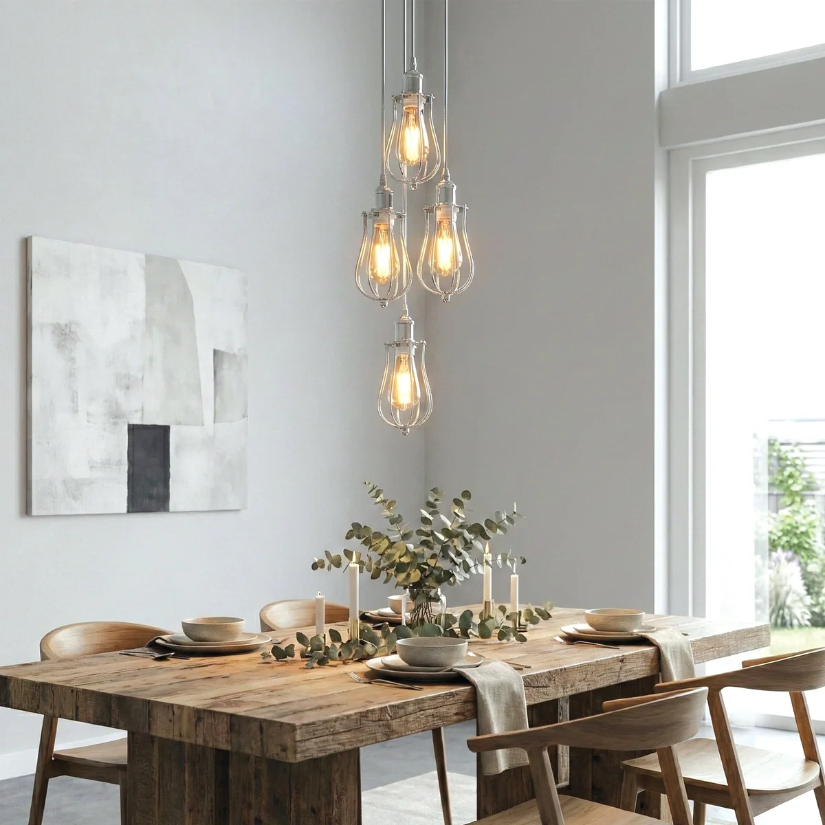 Chrome 4-way pendant chandelier with metal cages and adjustable hanging light cables for modern interiors