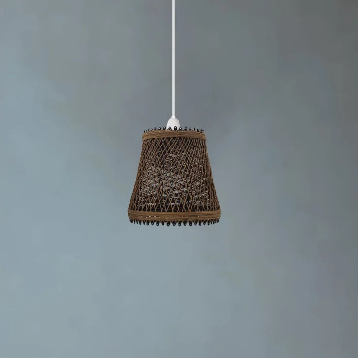 Vintage hemp-colored woven rattan lampshade with easy-fit E27 socket, 18cm tall, basket shape, natural material