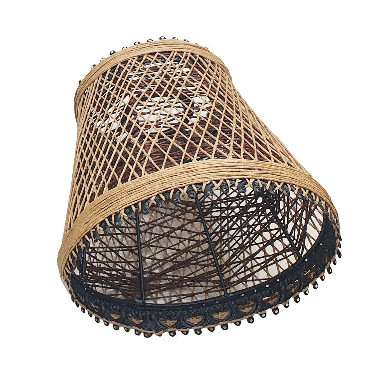 Hemp-coloured vintage retro woven rattan lampshade with easy fit E27 installation, shown hanging indoors