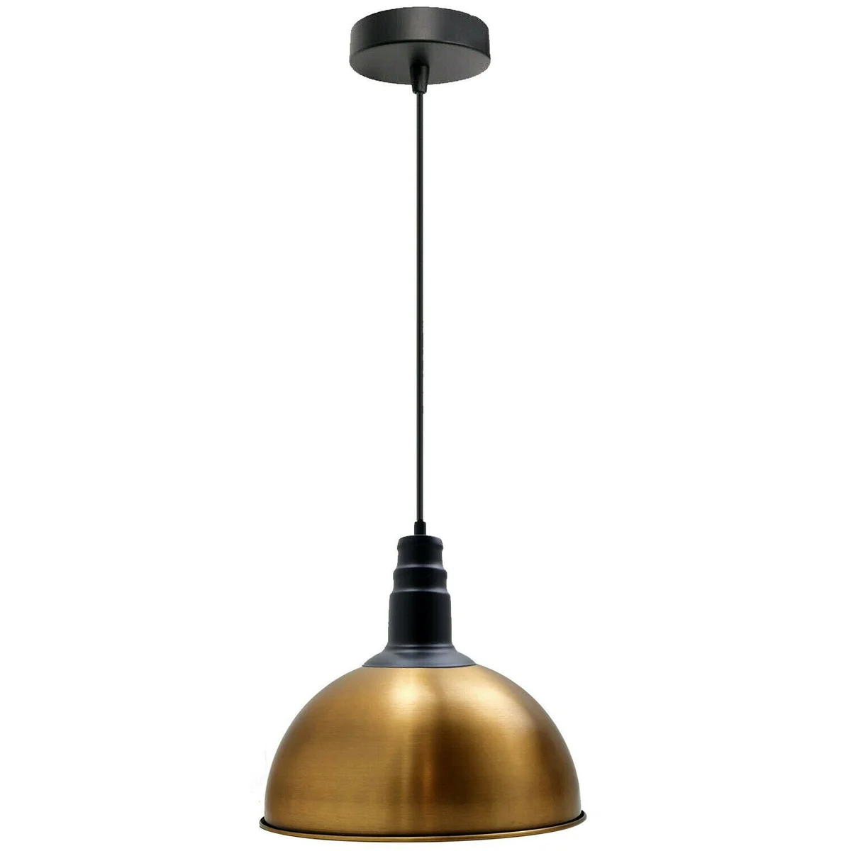 Yellow brass ceiling lamp with sleek dome pendant shade, white interior, and adjustable base for sloped ceilings