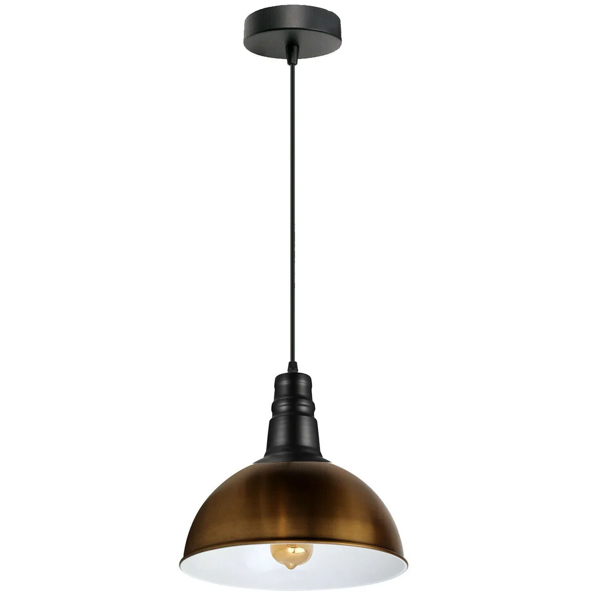 Modern brass pendant light with yellow brass dome shade and white interior, angled for sloped ceiling installation