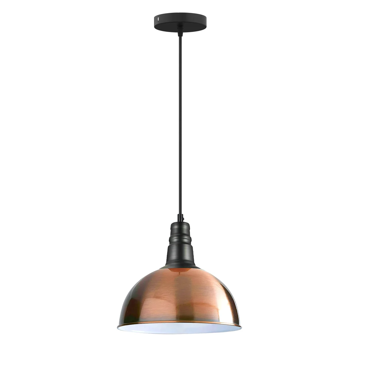 Modern copper pendant ceiling light with dome shade, angled base, and white interior for enhanced illumination
