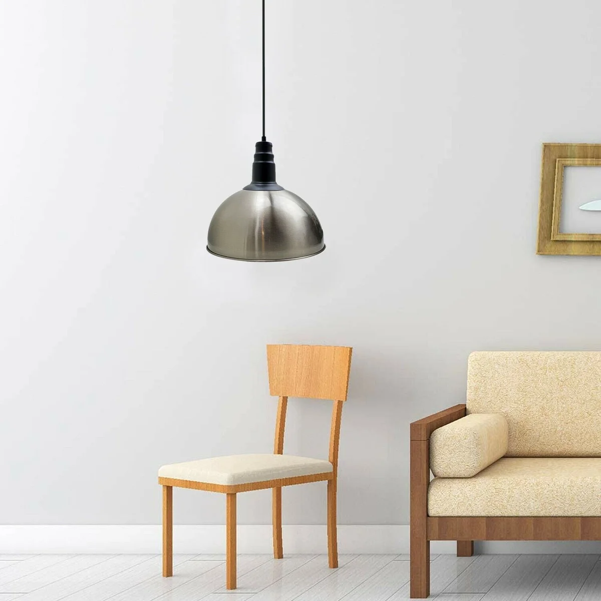 Modern pendant lighting with satin nickel dome shade, white interior, angled base, and 95cm cable hanging from ceiling