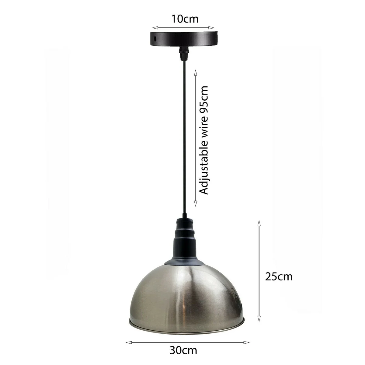 Modern satin nickel pendant light with dome shade, adjustable base, and 95cm cable for ceiling installation