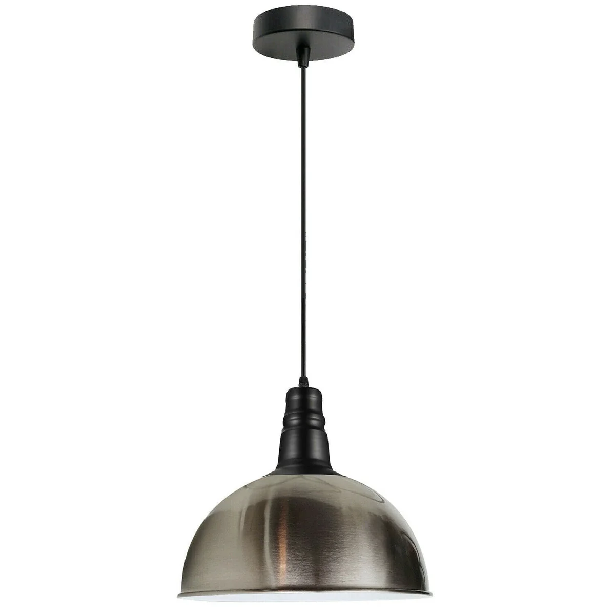 Modern satin nickel kitchen island pendant light with angled dome shade and white interior for enhanced illumination