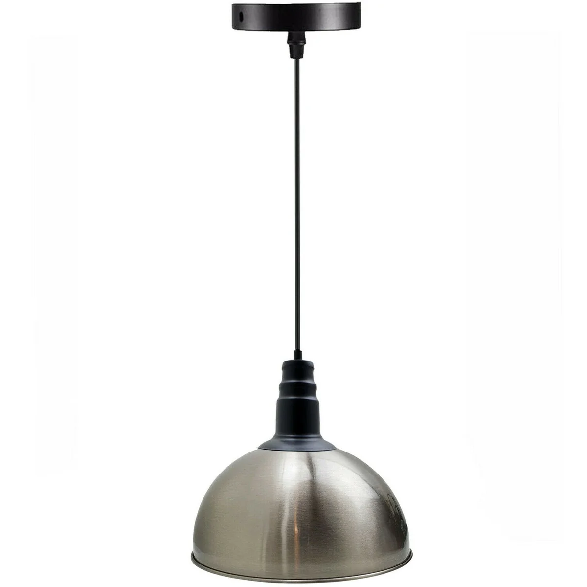Modern satin nickel E27 bulb pendant light with angled hood and 95cm cable against white background