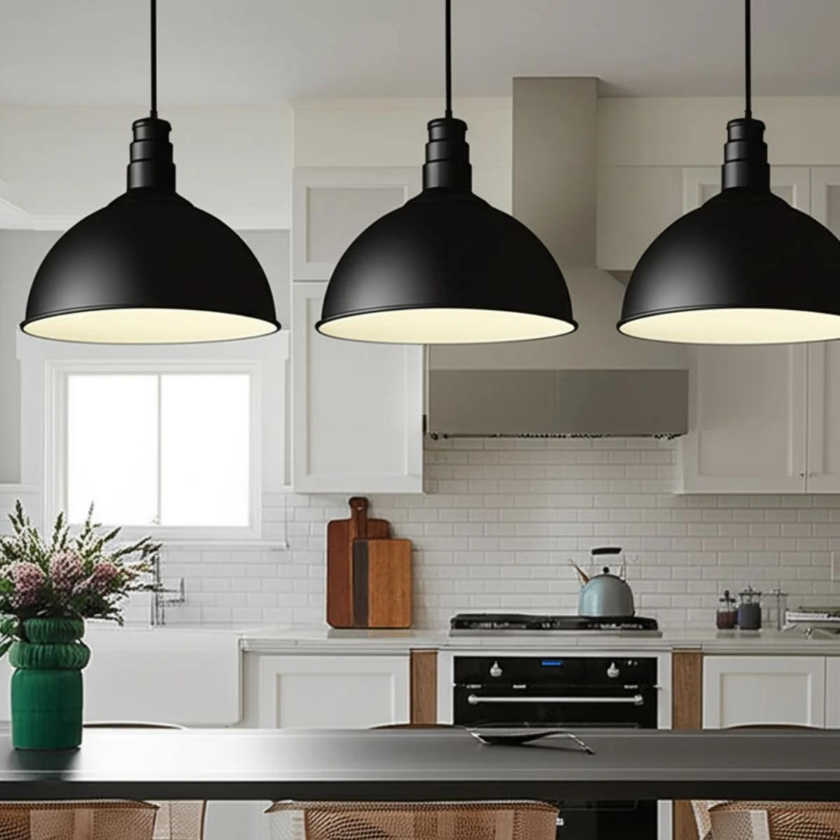 Modern pendant ceiling light with black dome shade and white interior, hanging from adjustable wire against white background