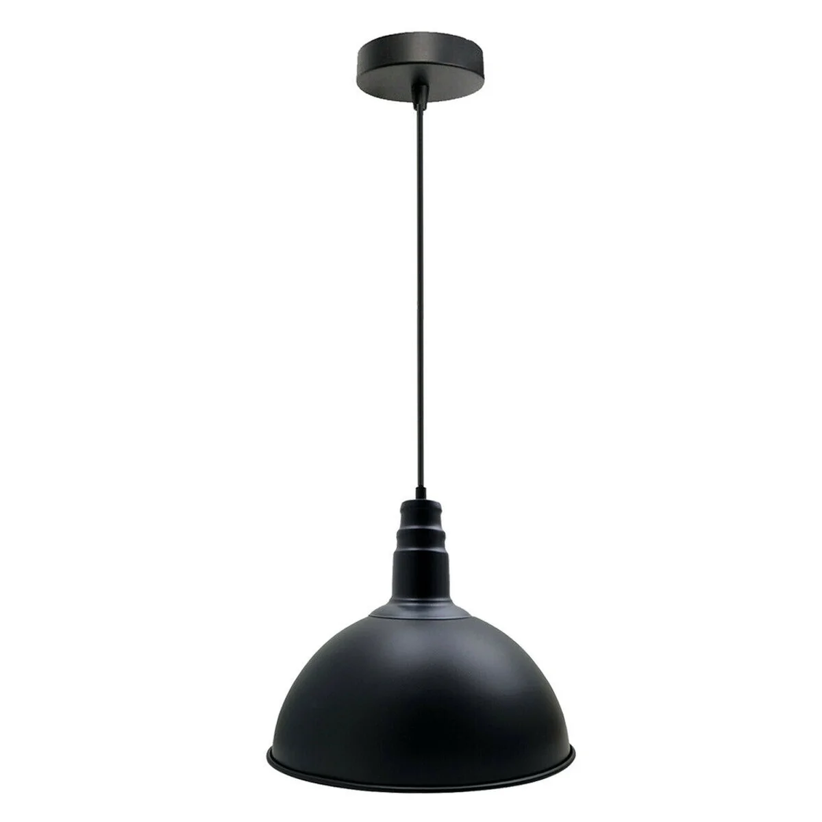 Adjustable black pendant light with matte dome shade, white interior, and 95cm hanging wire against a white background