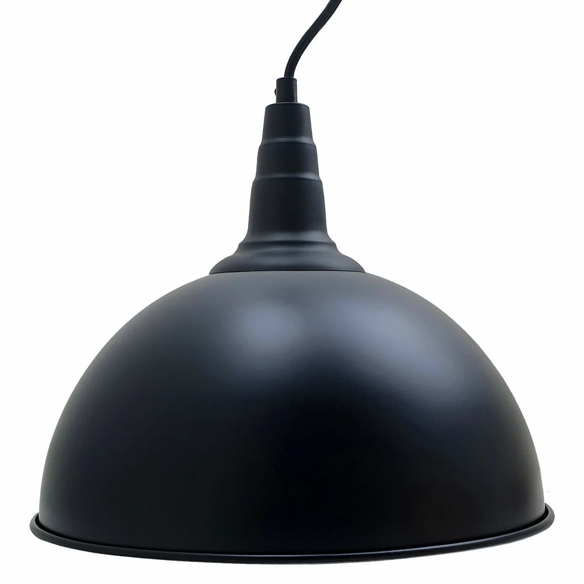 Modern black dome kitchen dining pendant light with white interior and adjustable hanging wire against white background