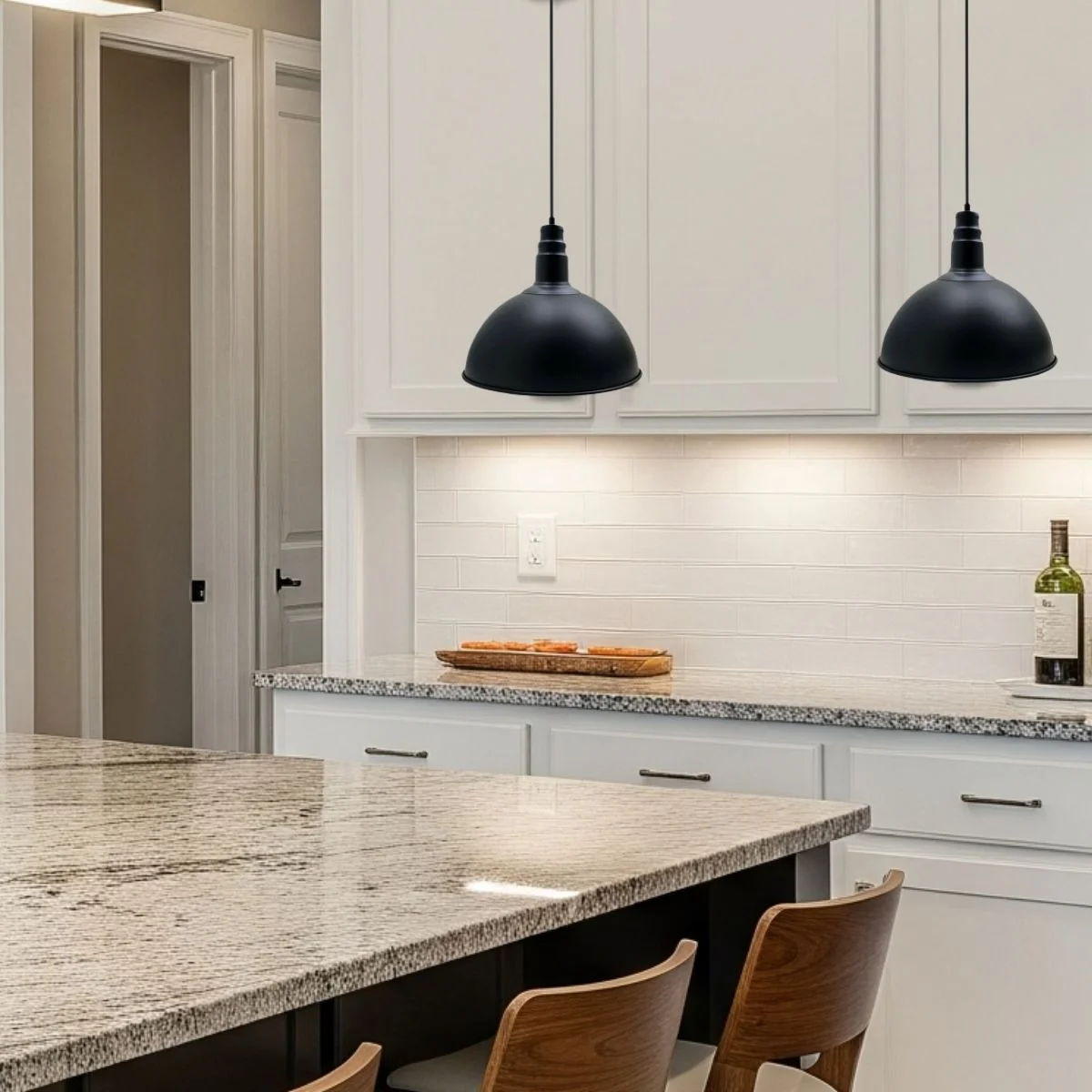 Matte black dome light with white interior hanging from ceiling, adjustable wire, modern minimalist design