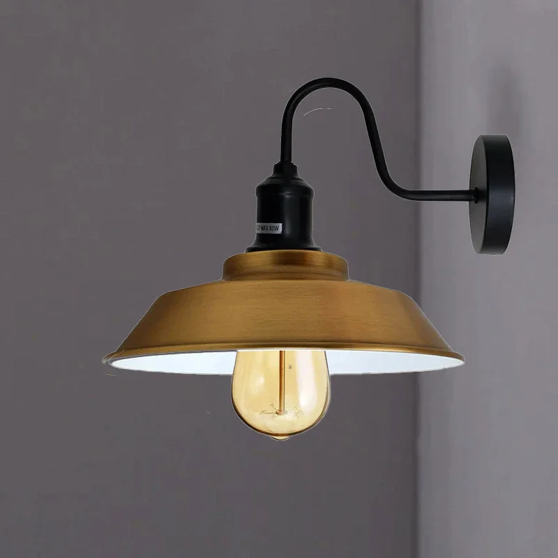 Yellow brass retro metal wall light with swan neck arm and round ceiling canopy, suitable for indoor wall mounting