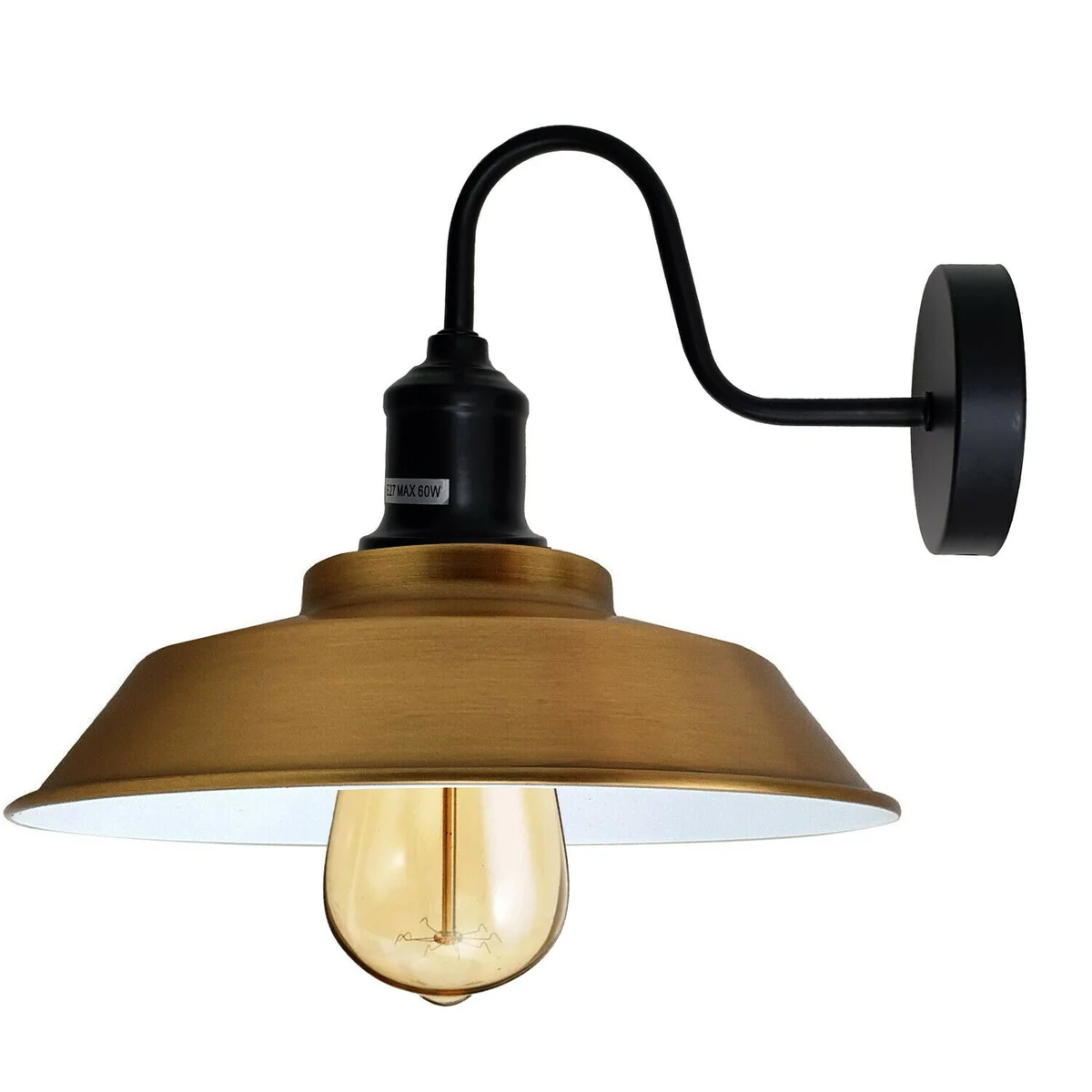 Yellow brass metal indoor wall sconce with swan neck arm and E27 socket mounted on white wall