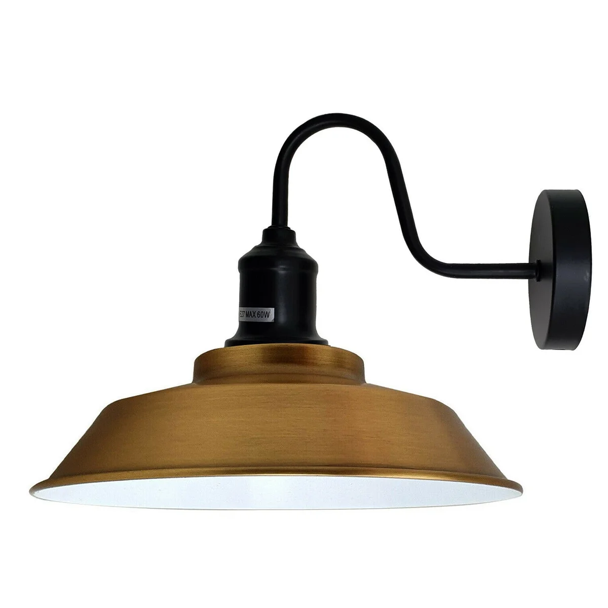 Yellow brass iron wall light with swan neck arm mounted on a white wall, showcasing retro indoor design