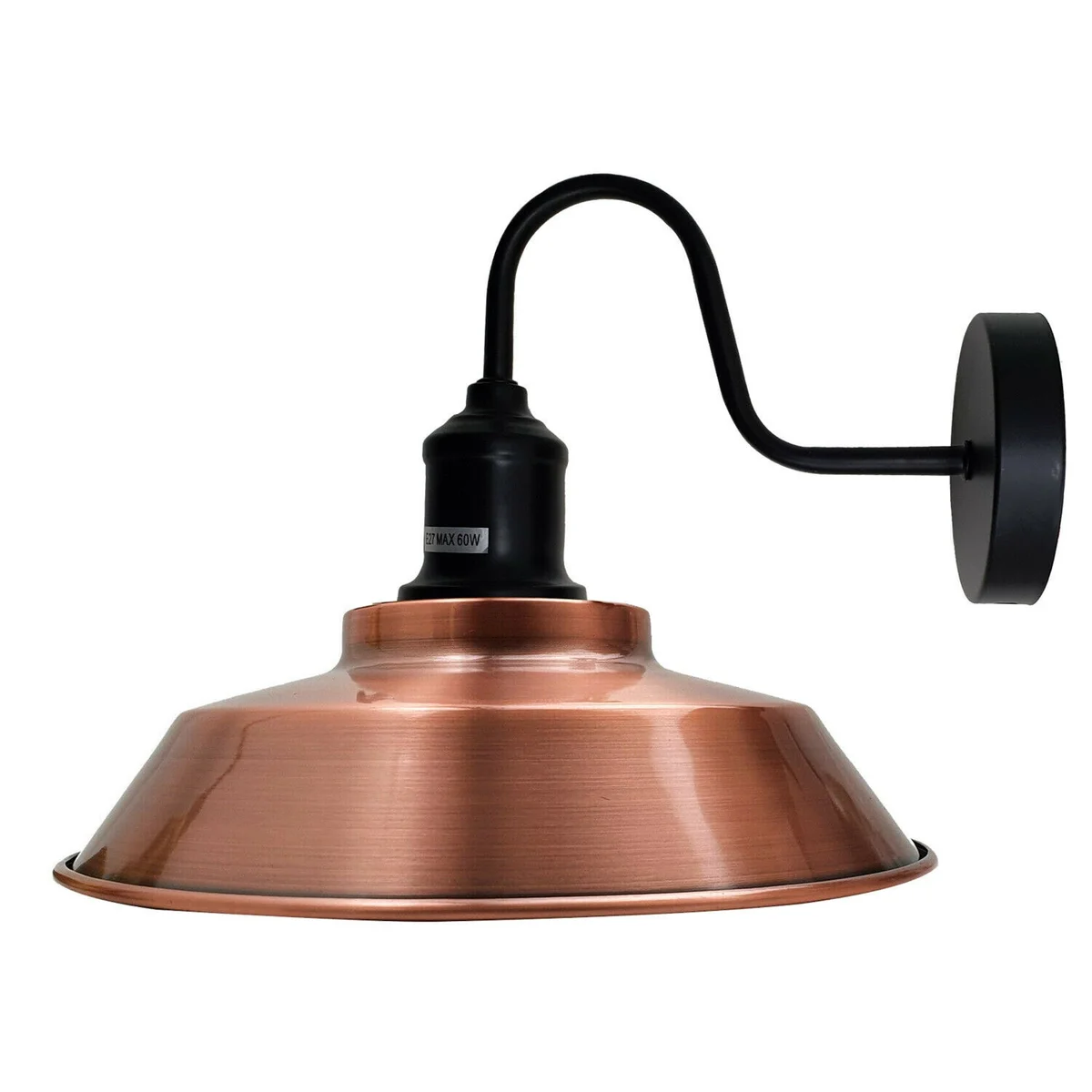 Copper wall light with swan neck arm and retro copper shade mounted on a white wall, no bulb included