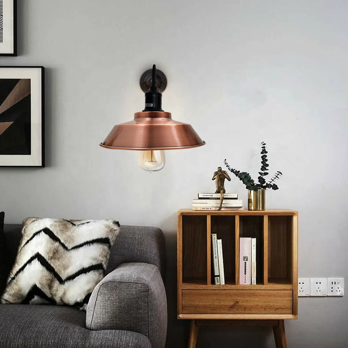 Copper iron wall lamp with swan neck arm and retro copper shade, 1980s style, mounted on white wall background