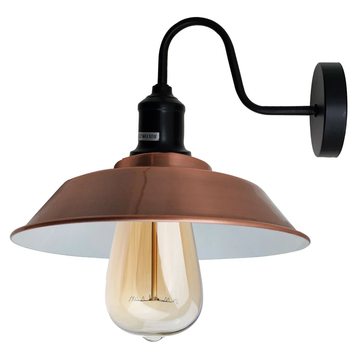 Copper retro E27 wall light with swan neck arm and metal shade mounted on white wall, 1980 style fixture