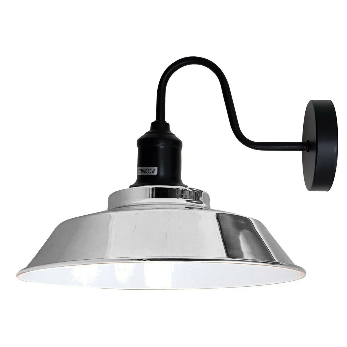 Chrome vintage industrial wall light with swan neck arm mounted on white wall, 1950s inspired rustic sconce lamp fixture