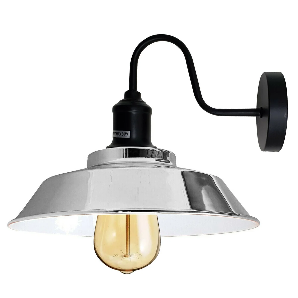 Chrome iron wall light with vintage swan neck arm mounted on a wall, showing rustic industrial design and E27 socket.