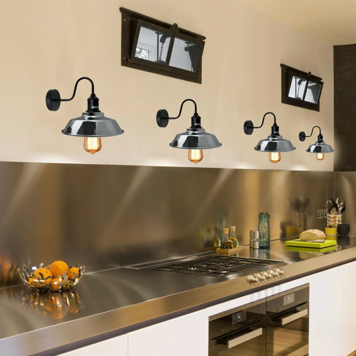 Chrome vintage industrial E27 wall light with swan neck arm mounted on white wall, showing side profile and wiring details