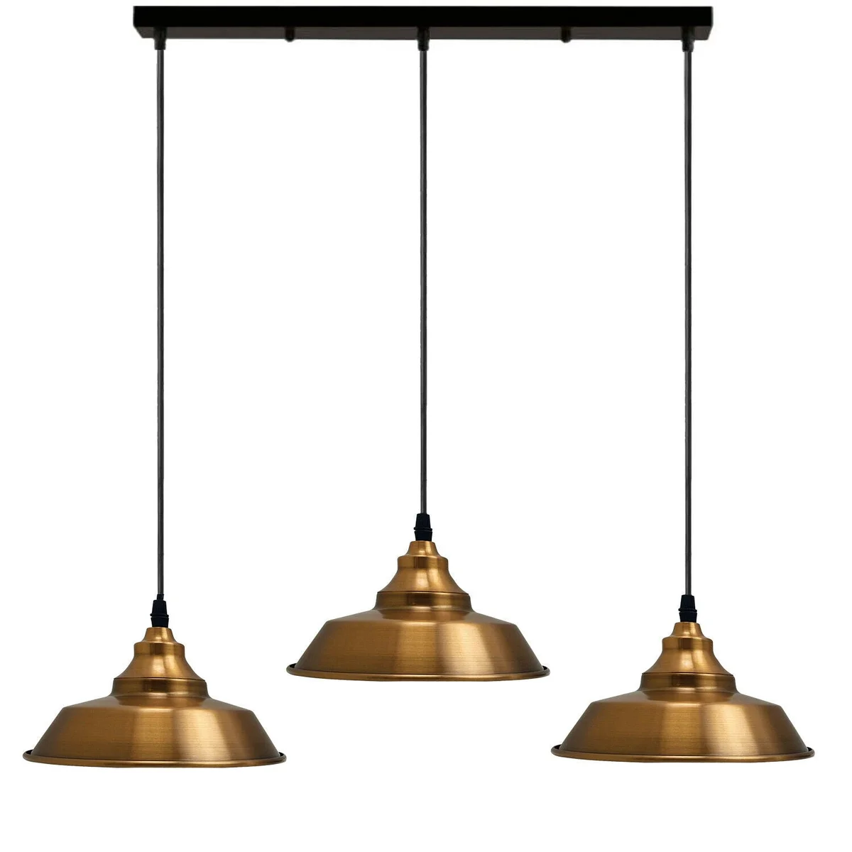 Yellow brass pendant lamp with three adjustable metal shades and E27 bulb fittings, ideal for dining or study areas