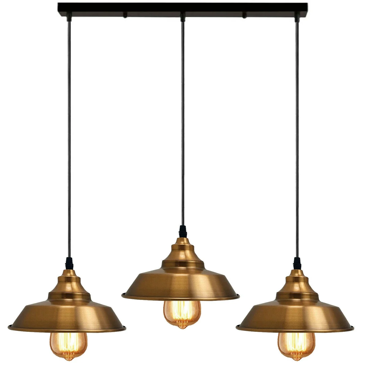 Three yellow brass multi outlet pendant lampshades with adjustable flex, compatible with E27 bulb pendant lamp fittings