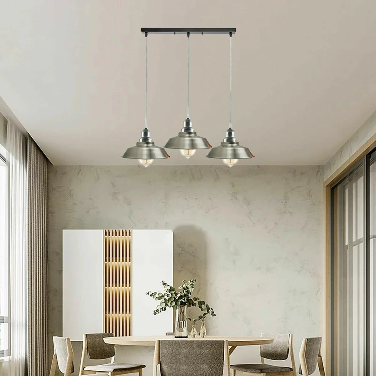 Three satin nickel pendant lights with adjustable cords and vintage-style E27 lamp holders hanging from a ceiling rose