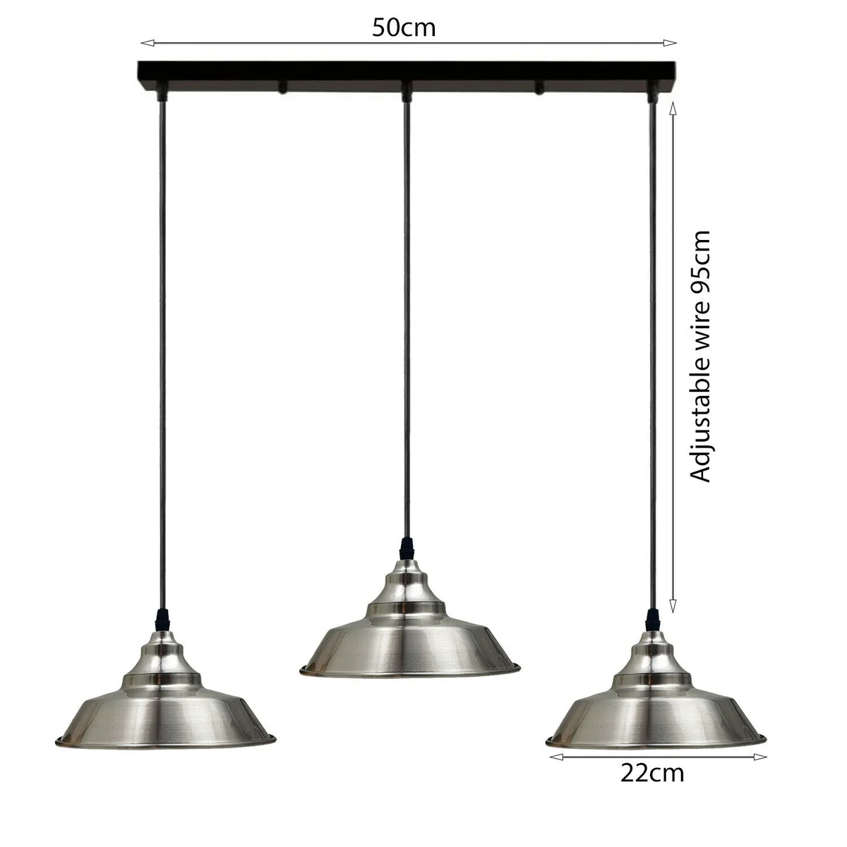 Satin nickel multi outlet ceiling pendant with three adjustable metal lampshades and E27 bulb sockets hanging from ceiling rose