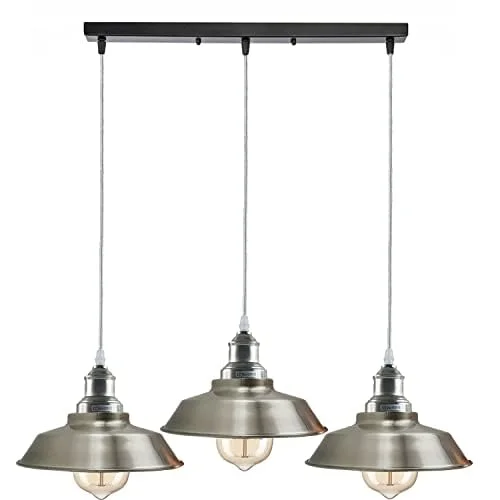 Three satin nickel E27 pendant lighting kit shades with adjustable cords and ceiling rose for modern ceiling installation