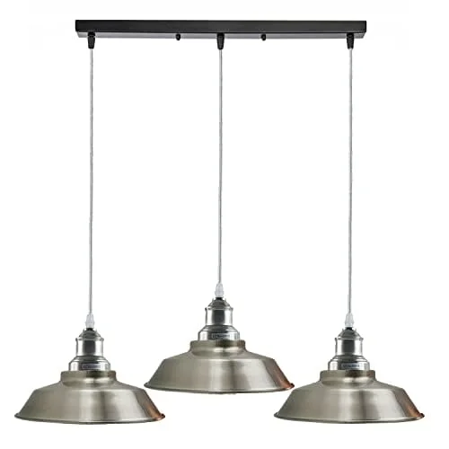 Three satin nickel adjustable ceiling pendant lights with vintage style lampshades and 100cm cords hanging from ceiling rose