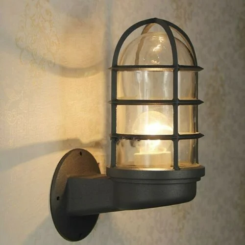 Twin pack industrial wall light with metal cage and glass shade, vintage style, E27 fitting, mounted on white wall