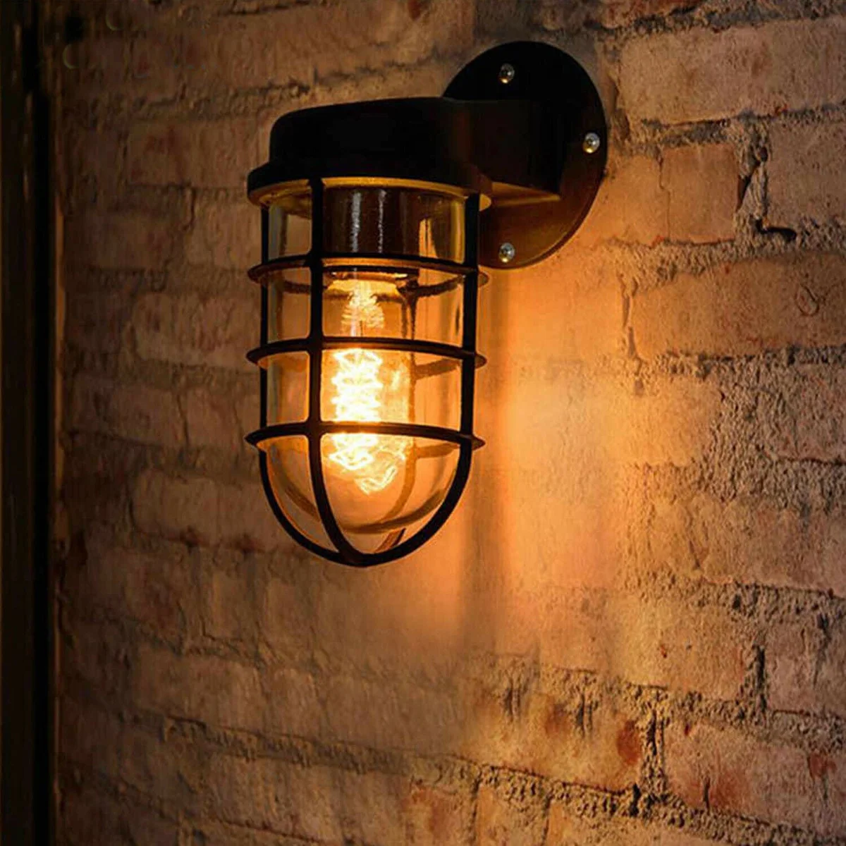 Twin pack of industrial metal wall lamps with vintage cage design and glass shades, ideal for retro interiors.