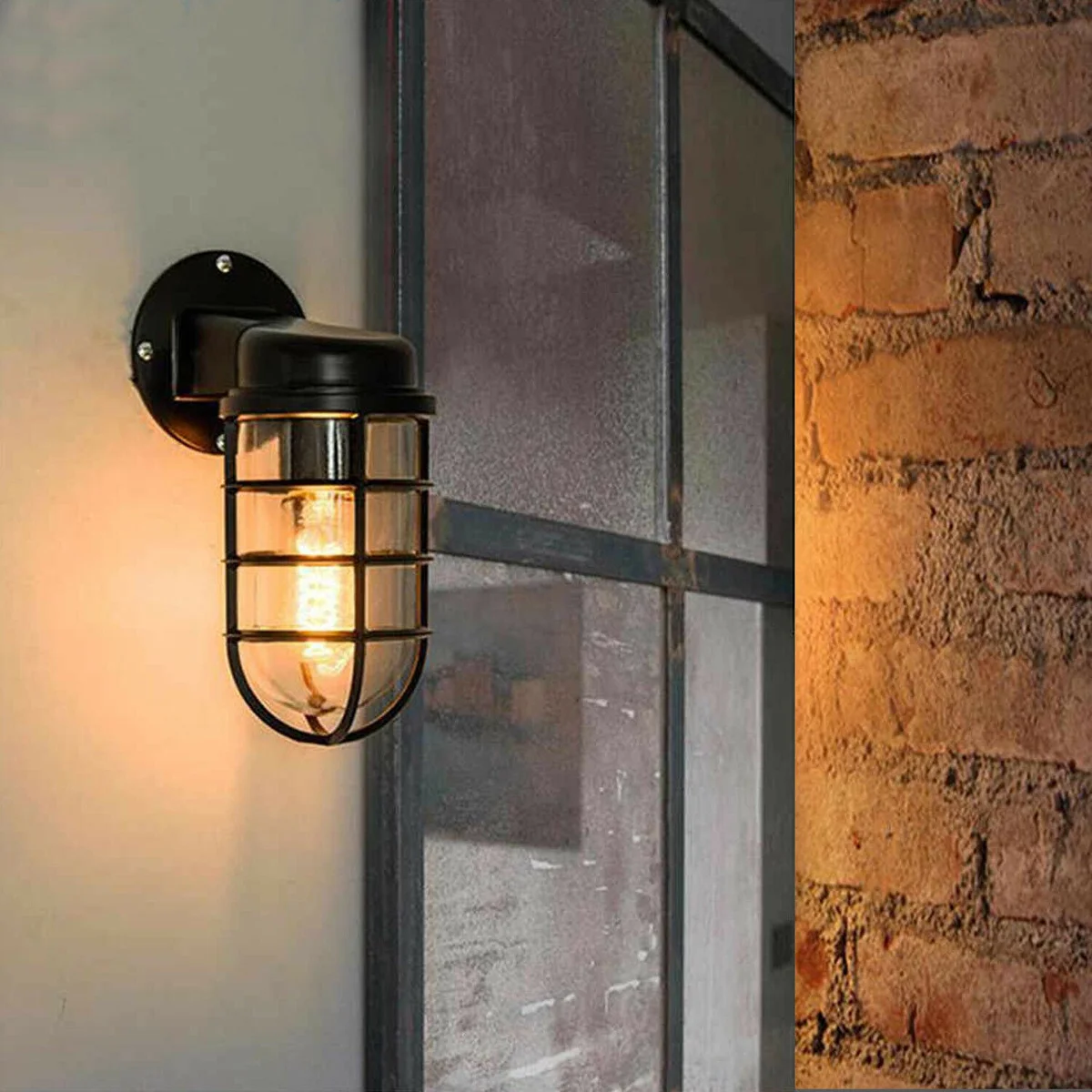 Twin pack industrial vintage metal cage wall lights with glass shades and E27 fitting wall light sockets on white background