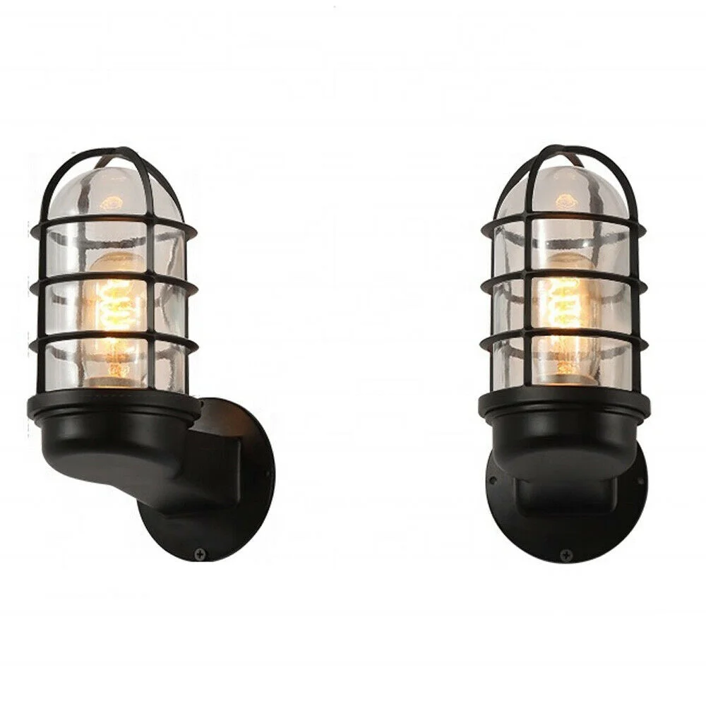 Twin pack industrial wall light with vintage metal cage design and clear glass shades mounted on a white wall