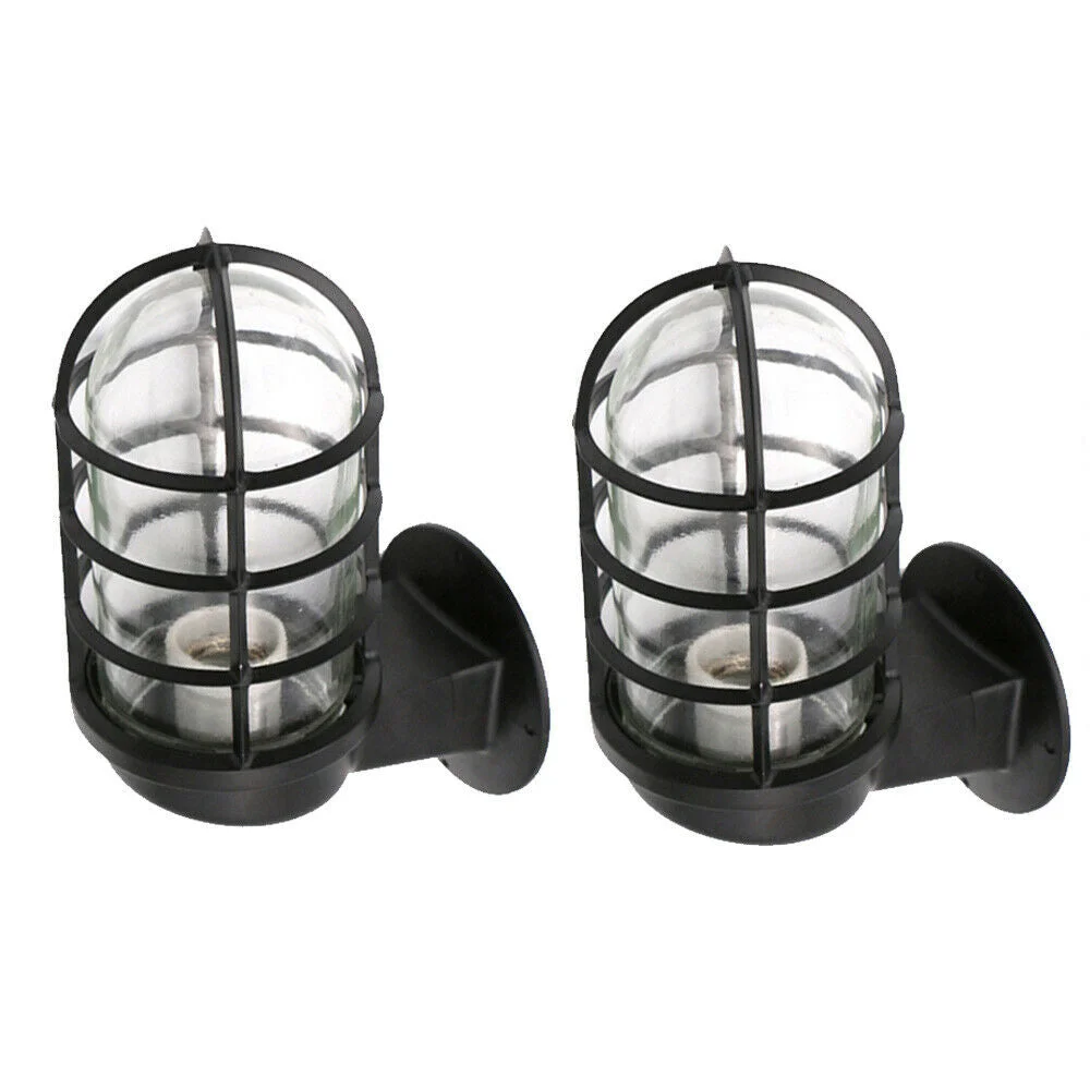 Twin pack industrial wall light with metal cage and clear glass shade, ideal for vintage or modern interiors.