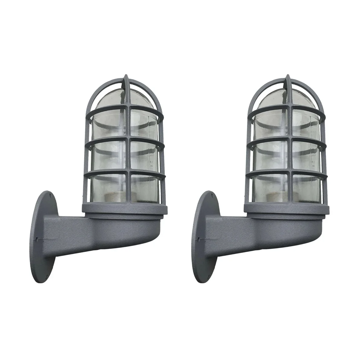 Twin pack industrial wall light with metal cage design and glass shade, ideal for vintage or modern interiors.