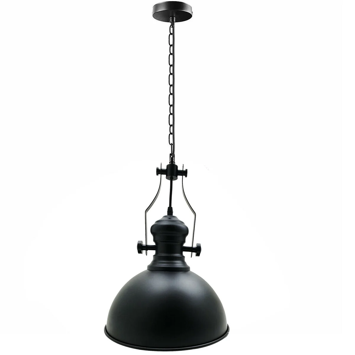 Black metal industrial pendant ceiling light with dome shade and adjustable chain hanging in a loft setting