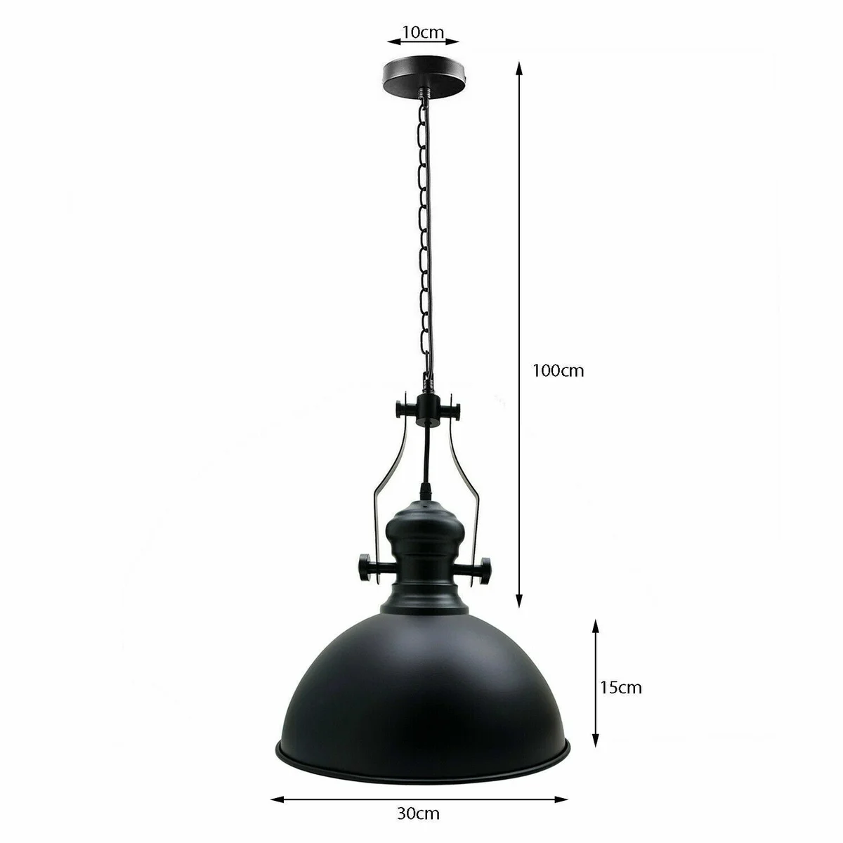 Black vintage style pendant light with metal dome shade and adjustable chain hanging from ceiling fixture