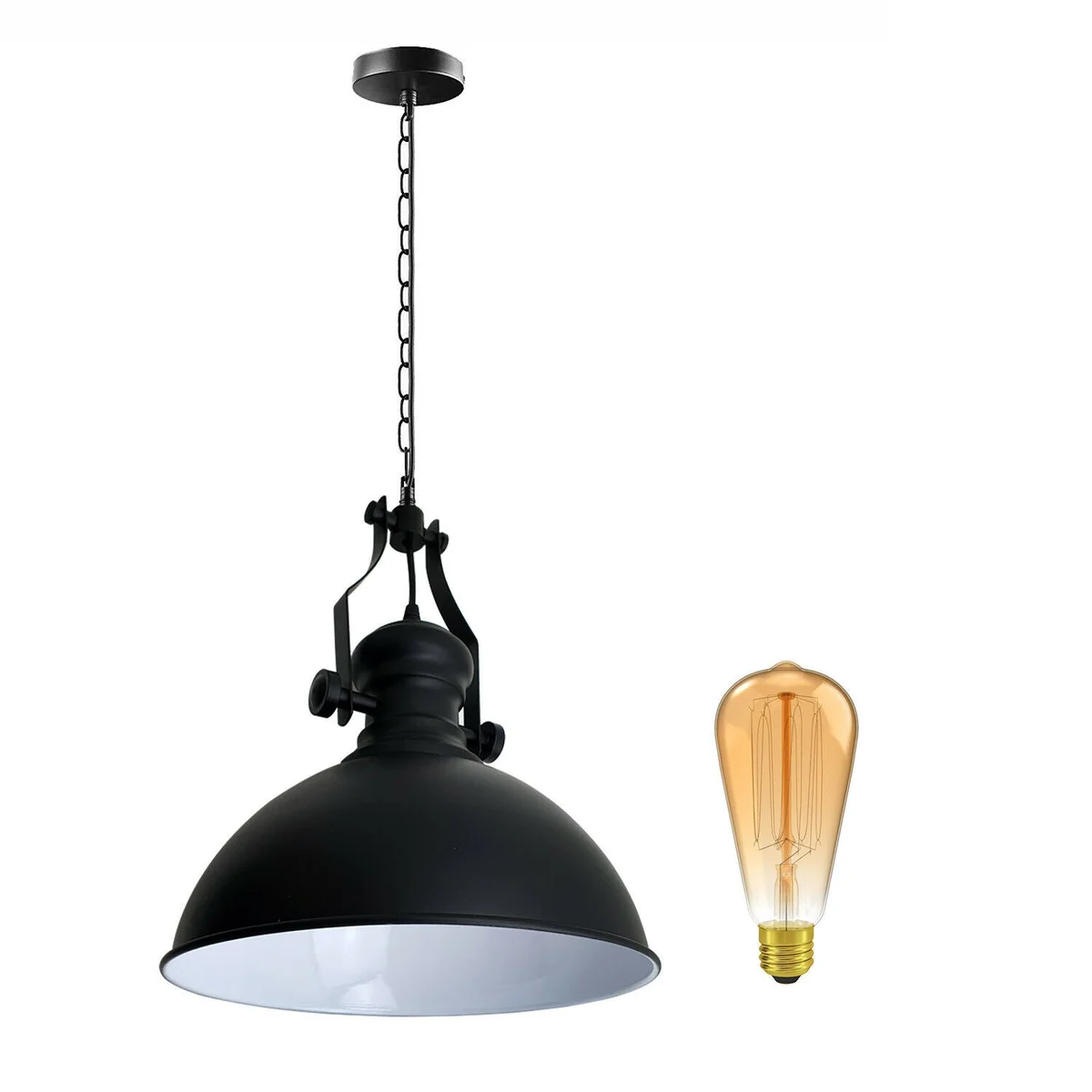 Black metal lampshade ceiling light pendant with adjustable chain, vintage industrial style hanging fixture