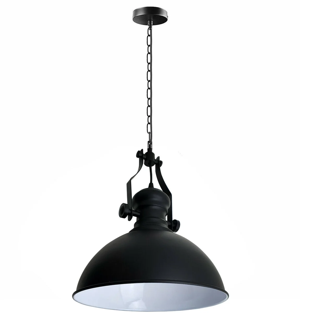 Black metal ceiling lamp with vintage industrial dome shade hanging from adjustable chain in a loft-style setting