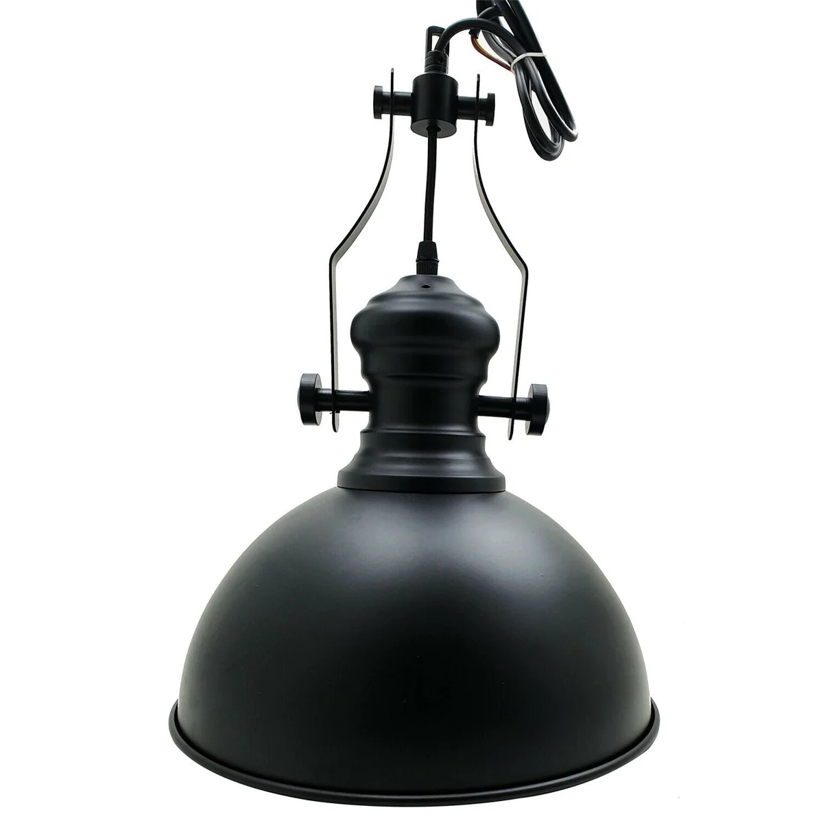 Black metal industrial pendant ceiling light with dome shade hanging from adjustable chain in vintage style