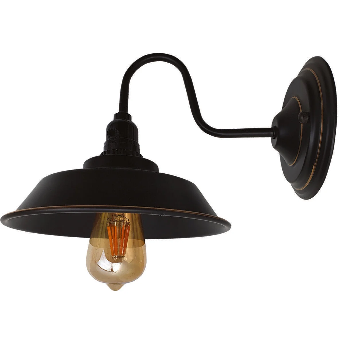 Black and gold industrial wall light with metal cage shade, fitting E27 socket, rustic elegant style for living room.
