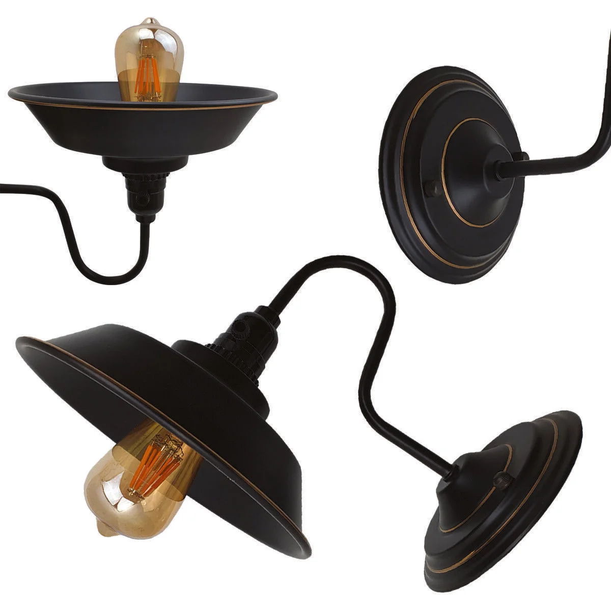 Black gold metal wall sconce with industrial style shade, mounting to socket, bulb optional.
