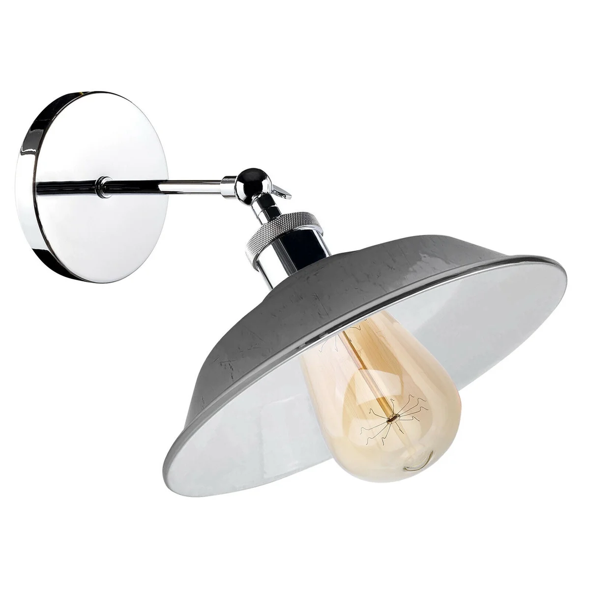 Chrome retro industrial adjustable wall lamp with downward bowl shade and polished finish mounted on a white wall