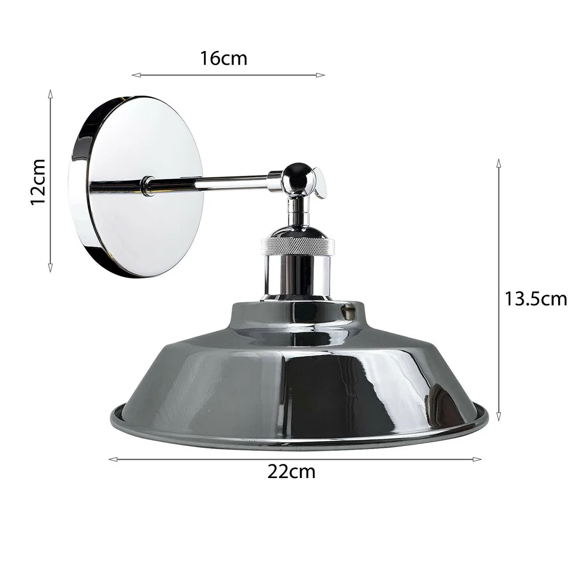 Chrome retro industrial light wall sconce with adjustable downward bowl shade and polished metal finish on white background