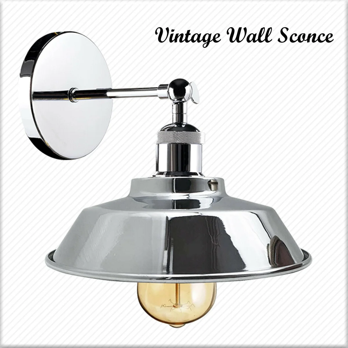 Chrome retro industrial E27 wall light with adjustable downward bowl shade mounted on a white wall