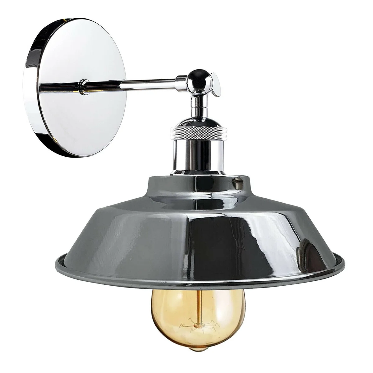 Adjustable retro industrial chrome wall sconce with bowl-shaped shade mounted on a wall, polished metal finish