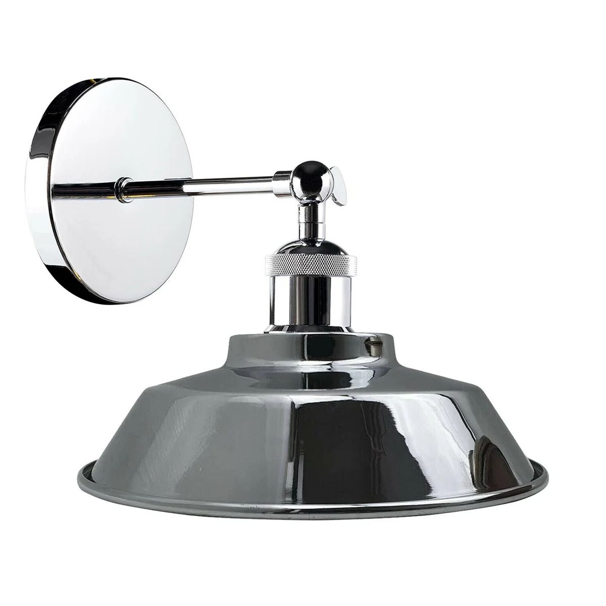 Adjustable chrome wall sconce with retro industrial bowl shade mounted on a wall, polished metal finish visible