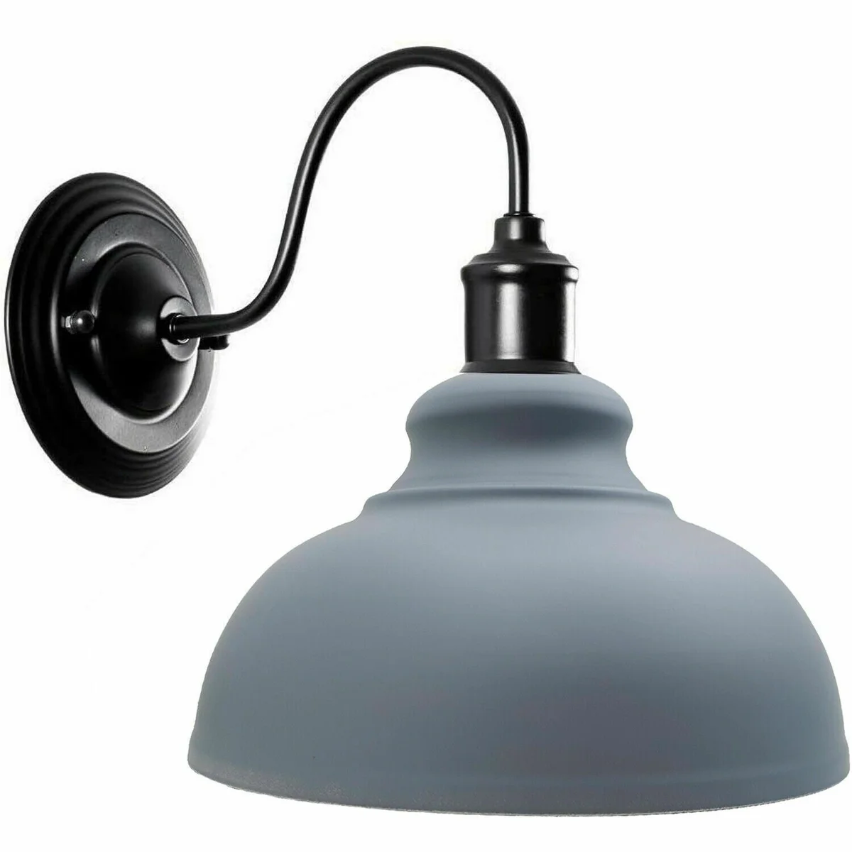 White cone-shaped wall light lamp with matte finish and U bend handle mounted on a gray iron arm